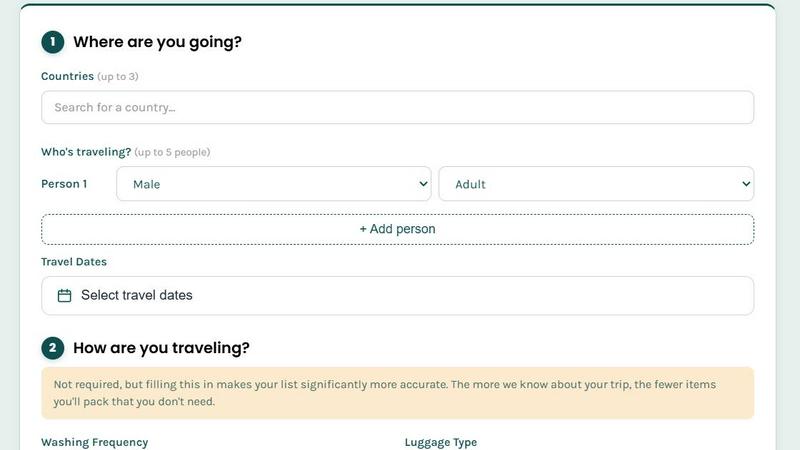 Packing List Generator application interface and features
