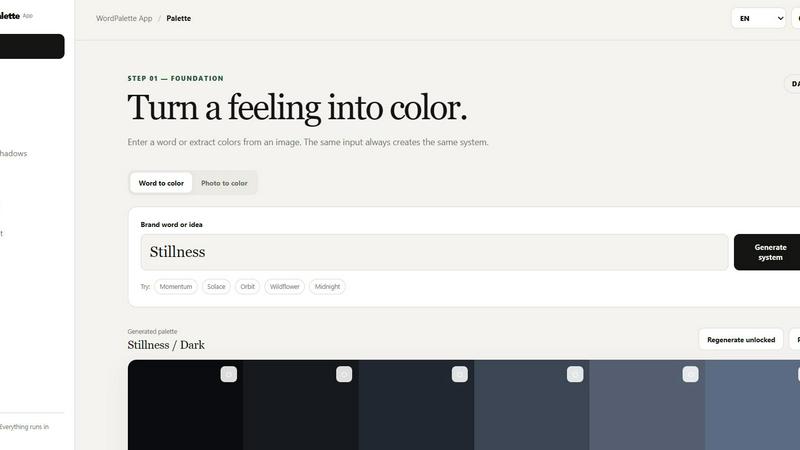 WordPalette Generator application interface and features